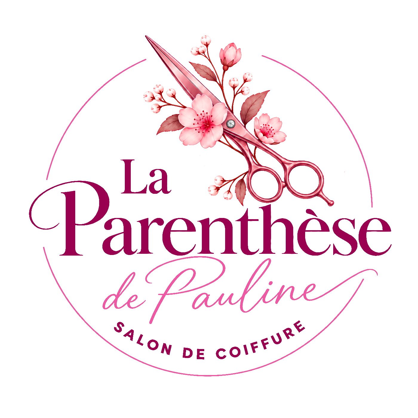 La Parenthèse de Pauline — salon de coiffure, ciseaux et fleurs roses